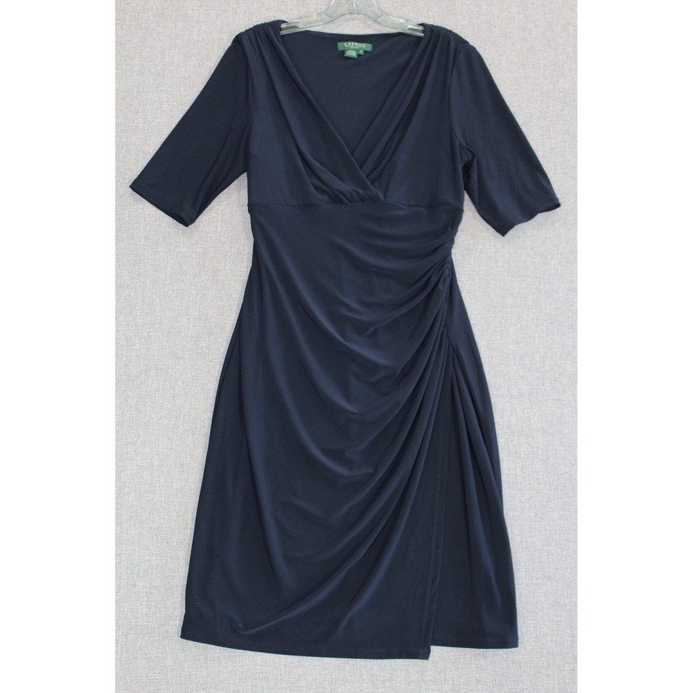 Lauren Ralph Lauren Sheath Dress Women 14 Navy Blue Ruched V-Neck Short Sleeve